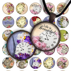 Puede incluir: Un conjunto de 16 hojas de collage digital con carátulas de relojes vintage, diseños florales y la frase "La vida es bella".