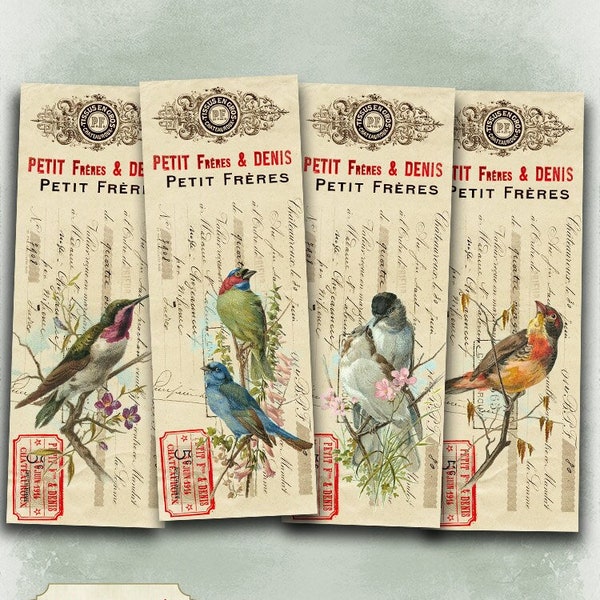 Petit Birds - Digital bookmark B019 collage sheet printable download image size digital image birds collage retro hang tags