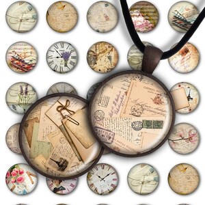 May include: A set of 18 vintage-style round scrapbook paper embellishments with a variety of designs, including clocks, flowers, and letters. The embellishments are perfect for adding a touch of vintage charm to your crafts.