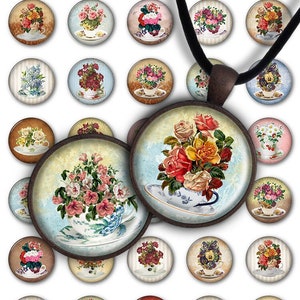 Cups of Flowers - Digital Collage Sheet PC048 1inch round 1inch circle 30 mm 25 mm Pendant Printable Image Jewelry Making