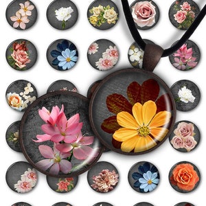 Floral Black - Digital Collage Sheet PC051 1inch round 1inch circle 25 mm Flowers Pendant Printable Image Jewelry Making