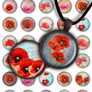 Digitale Collage Bogen Rote Mohnblumen 1inch Rund 30mm 25mm Kreis Anhänger Printable Download PC032 Sofortiger Download Schmuckherstellung