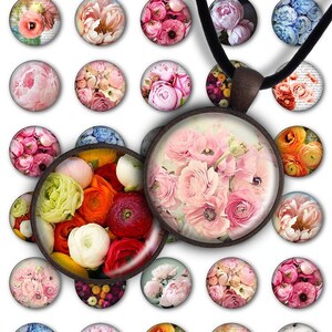 Digital Collage Sheet Peonies Circle 1inch Round 25mm Circle Flowers Pendant Printable PC068 Instant Download Jewelry Making