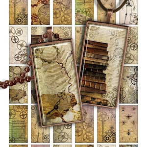 Pode incluir: Uma folha de colagem digital com 16 imagens com designs de inspiração vintage. As imagens incluem engrenagens, livros, relógios e insetos. A folha é perfeita para scrapbooking, criação de cartões e outros projetos de artesanato.