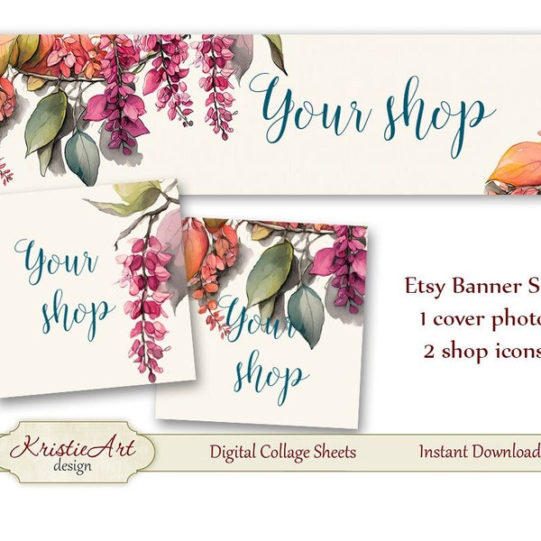 ETSY Shop Banner (Cover photo) + Shop Icons - Set #L015. Watercolor Flowers Etsy Shop Banner