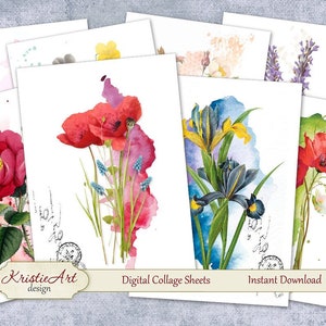 Digital Collage Sheets Watercolor Flowers - Digital cards C072 printable download digital digital image atc card aceo flowers