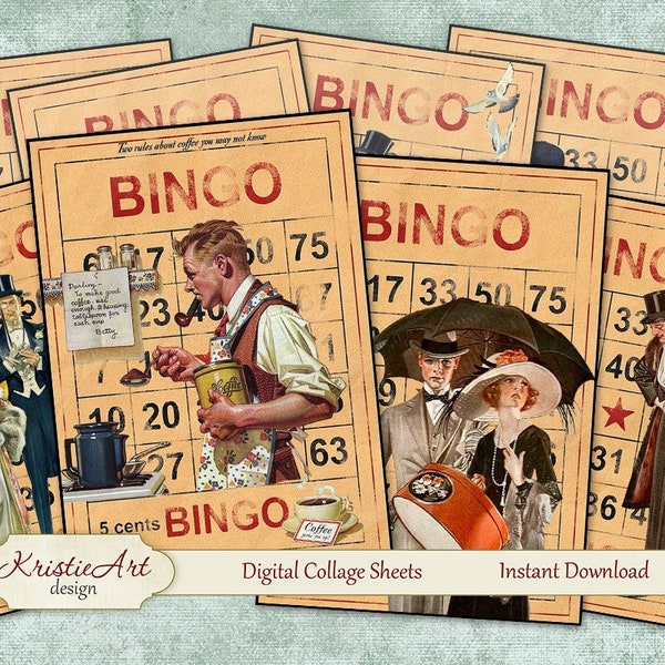 Digital Collage Sheet - Bingo, Retro Cards, Printable Download, Digital Collage, Altered Art, Ephemera Atc, Aceo size, Men