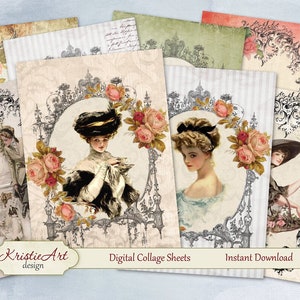 May include: A set of eight digital collage sheets featuring vintage illustrations of women in ornate frames with floral accents. The sheets are perfect for scrapbooking, card making, and other crafting projects.