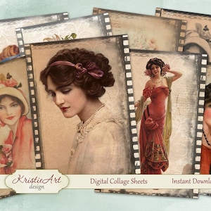 Folhas de colagem digital Filme retrô - Cartões digitais C071 etiquetas de download para impressão imagem digital atc aceo retro mulher