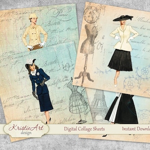 Digitale kaarten - Mode Parijs Digitale collagevellen Afdrukbaar Downloaden C058 Modekaarten Cadeau-wenskaart atc-kaartcollage