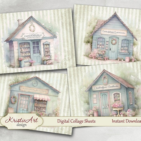 Retro Watercolor Shabby Chic Houses, C251 | Printable Digital Collage Sheet for Scrapbooking and Crafts