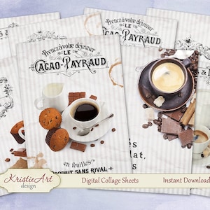Folha de colagem digital - Cartões digitais de cafés e chocolates C077 Cartões ATC para impressão Download para impressão de cartões de imagem digital Aceo