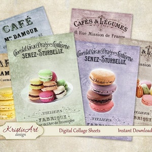 Cartões Macarons ATC - Folha de colagem digital Cartões de felicitações para impressão, tags de download de imagem digital, criação de cartões, etiquetas de colagem de culinária