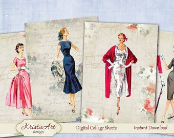 Mode rétro - Feuilles de collage numérique, téléchargement imprimable, cartes numériques, grande image numérique, images de transfert, livres, tissus