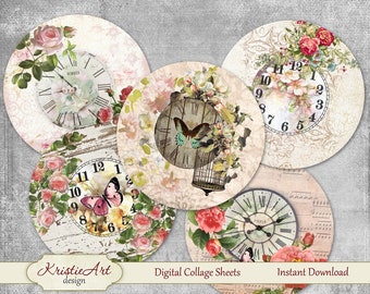 Digital collage sheet Clock in flowers 2 - printable digital collage 1 inch 25 mm digital image C055 atc card flowers cards