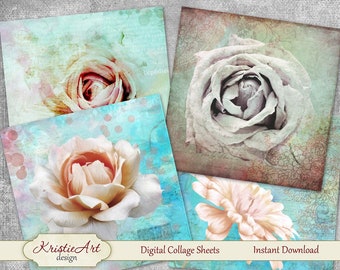 Digital collage sheet - Retro Roses Printable Download Cards C086 Tags Greeting Card Image Digital Atc Card Flowers Collage