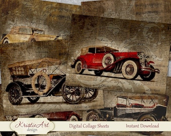 Old Cars Digital collage - Retro Digital Collage Sheet Printable Download Sheet C040 digital atc cards men