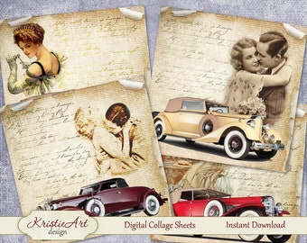 Digital collage sheet - Retro Journey C091 Printable Download Cards Tags Greeting Card Image Digital Atc Card Collage ACEO