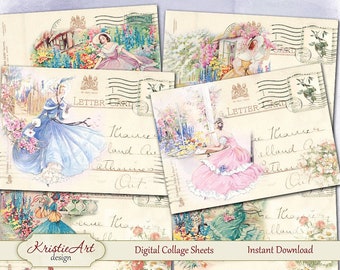 Shabby Garden - Shabby Chic Collage Sheet C217 Download para impressão Flores Cartões digitais Senhoras Atc Retro Cartões Rosa ACEO