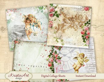 Digital Image Retro Angels - Digital collage sheet - Printable Download - Digital Tags - Digital Retro - ATC Card