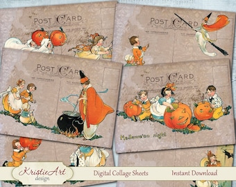 Halloween Night - Halloween Digital Collage Sheet C213 Printable Download Digital Cards Atc Retro Cards Witches ACEO