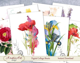 Digital Collage Sheets Watercolor Flowers - Digital cards C072 printable download digital digital image atc card aceo flowers