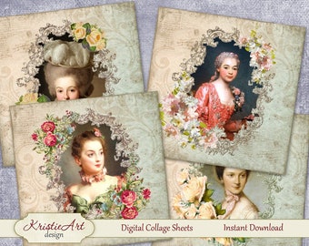 Digital Collage Sheet Portrait of a Lady Printable Download Sheets Greeting Cards Retro Image Digital Cards C082 Collage ACEO