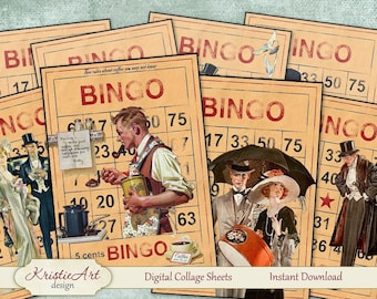 Digital Collage Sheet - Bingo, Retro Cards, Printable Download, Digital Collage, Altered Art, Ephemera Atc, Aceo size, Men