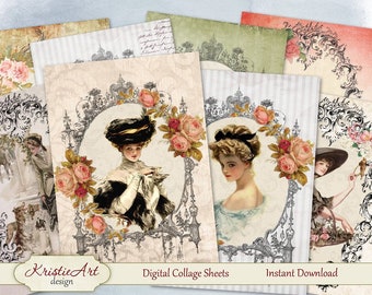 Digital Collage Sheet, Ladies Frames Sheet, Printable Download Sheet, Digital cards C075, Altered Art, Atc Aceo Jpeg printable