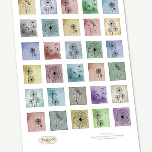 May include: A printable sheet of 25 digital collage squares featuring dandelion illustrations in various shades of blue, green, yellow, pink, and purple. Each square has a different watercolor background.