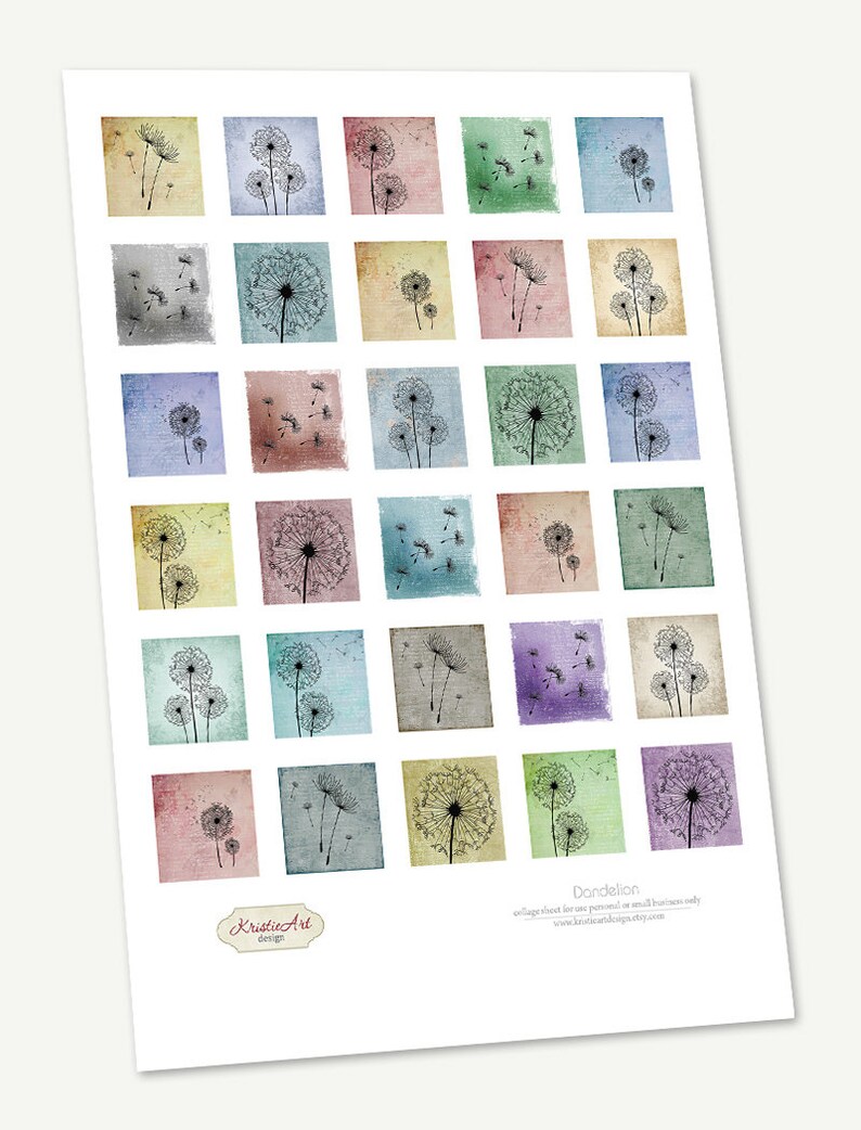 May include: A printable sheet of 25 digital collage squares featuring dandelion illustrations in various shades of blue, green, yellow, pink, and purple. Each square has a different watercolor background.