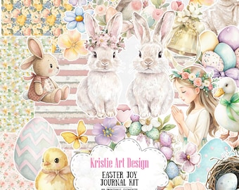 May include: A digital printable Easter journal kit with 19 elements. The kit features a variety of images, including bunnies, chicks, eggs, flowers, and a girl with a floral crown. The text "Kristie Art Design Easter Joy Journal Kit 19 Printable Elements" is included in the image.