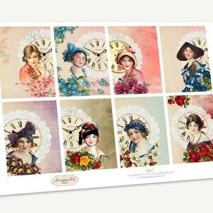 Op de afbeelding: Een digitale collage-sheet met negen afbeeldingen van vintage vrouwen met klokken en bloemmotieven. De afbeeldingen zijn in een rasterformaat gerangschikt en tonen een verscheidenheid aan kleuren, waaronder roze, blauw, groen en rood.