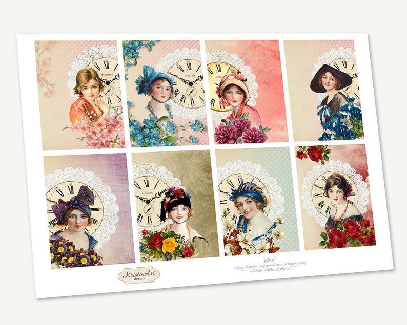 Op de afbeelding: Een digitale collage-sheet met negen afbeeldingen van vintage vrouwen met klokken en bloemmotieven. De afbeeldingen zijn in een rasterformaat gerangschikt en tonen een verscheidenheid aan kleuren, waaronder roze, blauw, groen en rood.