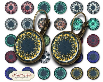 Retro Swirls - 18mm, 16mm, 14mm, 12mm, 10mm Circles Digital Collage Sheets E-015 Printable Earring, Rings, Jewelry