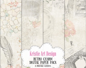 May include: A digital paper pack with 13 printable elements. The pack features a retro charm theme with images of flowers, feathers, and architectural details in soft pastel colors.