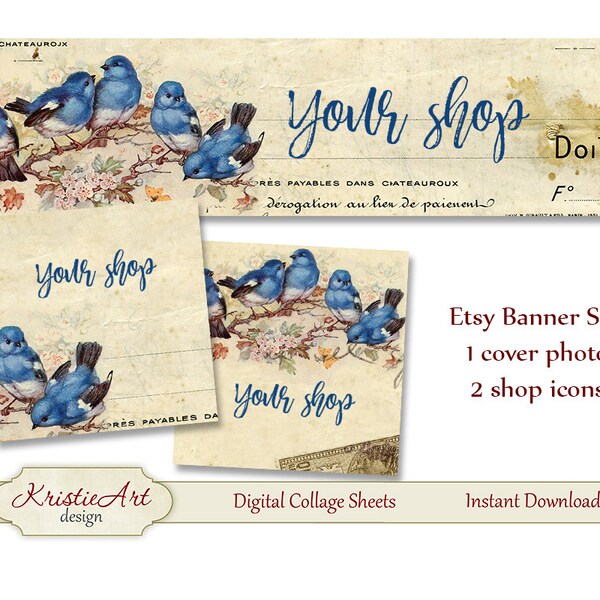 ETSY Shop Banner (Titelfoto) + Shop Icons - Set #L008. Digitale Vögel Etsy Shop Banner Digitale Collage Sheet SommerBanner