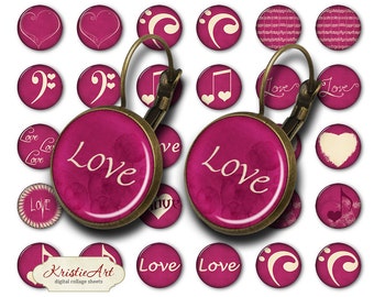 Valentine's Day - 18mm, 16mm, 14mm, 12mm, 10mm Circles Digital Collage Sheets E-021 Printable Love Earring, Rings, Jewelry