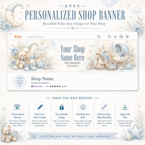 Personalized Etsy Shop Banner, Baby Boy Watercolor Design, Custom Text Added, 3360x840 px