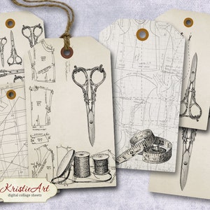 Puede incluir: Un conjunto de seis hojas de collage digital con patrones de costura vintage, tijeras y carretes de hilo. Las hojas son en blanco y negro y tienen un aspecto desgastado. El texto "Kristie Art digital collage sheets" está en la parte inferior de la imagen.