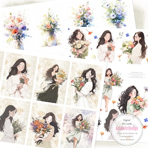 Botanical Belles: conjunto digital de cartões ATC, cartões grandes e enfeites com adoráveis meninas e flores, C295