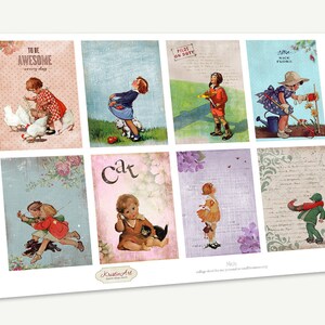 K&ouml;nnte beinhalten: Ein Satz von neun digitalen Collage-Bl&auml;ttern im Vintage-Stil mit Illustrationen von Kindern in verschiedenen Aktivit&auml;ten. Die Bl&auml;tter haben einen abgenutzten, gealterten Look und enthalten Text wie "To Be Awesome", "Pilot On Duty" und "Nice Place".