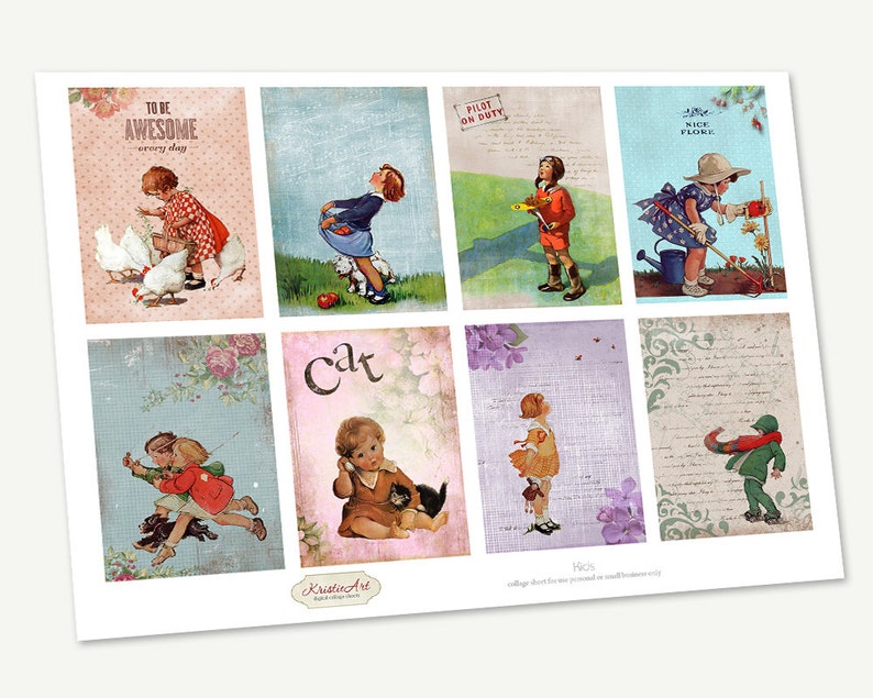 K&ouml;nnte beinhalten: Ein Satz von neun digitalen Collage-Bl&auml;ttern im Vintage-Stil mit Illustrationen von Kindern in verschiedenen Aktivit&auml;ten. Die Bl&auml;tter haben einen abgenutzten, gealterten Look und enthalten Text wie "To Be Awesome", "Pilot On Duty" und "Nice Place".