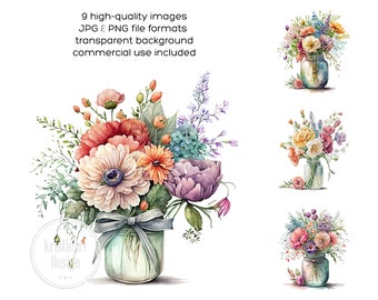 Puede incluir: Nueve ilustraciones de acuarela de ramos de flores en tarros de cristal con fondo blanco. Los ramos presentan una variedad de flores en tonos de rosa, morado, amarillo, naranja y rojo.