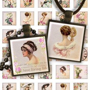 Beauty Ladies & Flowers - Digital Collage Sheet 1 inch squares 1 inch 25mm Pendant Printable Download for jewelry making PS014