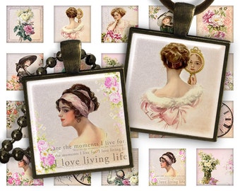 Beauty Ladies & Flowers - Digital Collage Sheet 1 inch squares 1 inch 25mm Pendant Printable Download for jewelry making PS014
