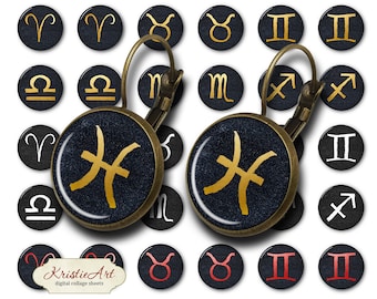 Zodiac - 18mm, 16mm, 14mm, 12mm, 10mm Circles Digital Collage Sheets E-023 Printable Earring, Rings, Jewelry, Zodiac Signs