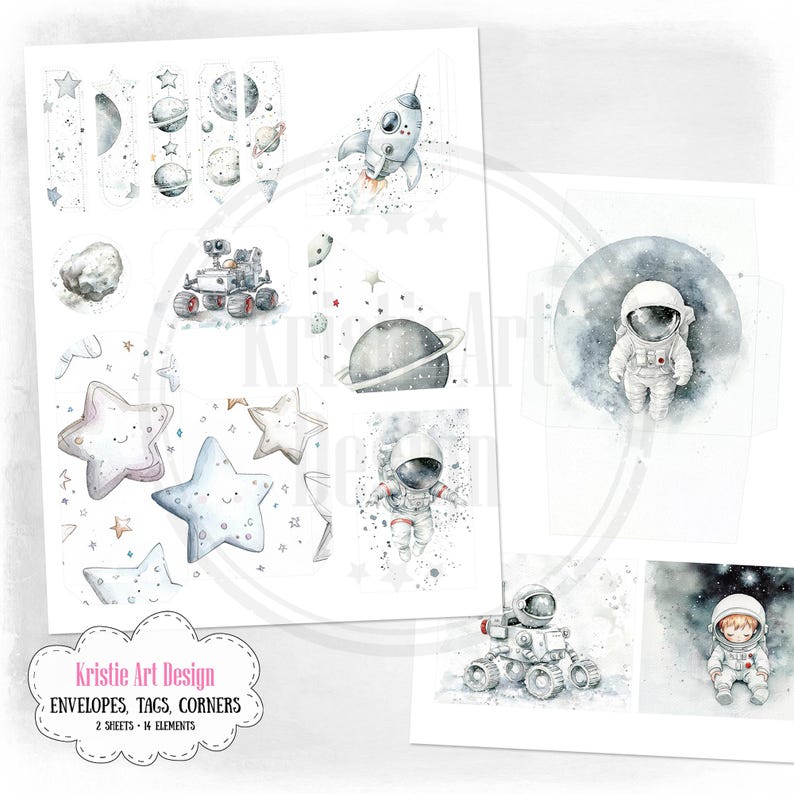 May include: A set of 14 space-themed digital scrapbook elements, including astronauts, planets, stars, rockets, and a rover. The elements are in watercolour style and are perfect for creating cards, invitations, and other paper crafts.
