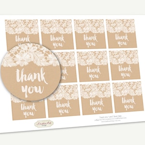 May include: Printable sheet of 12 brown kraft paper gift tags with white lace trim and the text "Thank You" in white. The tags are designed for use as wedding or bridal shower favors.