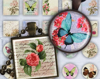 Flowers & Butterlies - Digital collage printable download circle 1 inch image square for pendants glass charms resin digital
